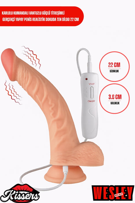 Kablolu Kumandalı Vantuzlu Güçlü Titreşimli Gerçekçi Yapay Penis Realistik Dokuda Ten Dildo 22 cm