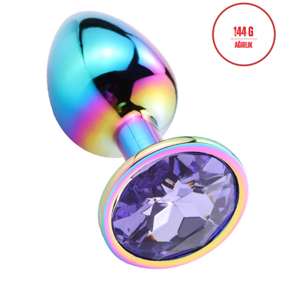 Paslanmaz Çelik Gökkuşağı Kristal Taşlı Lüks Gümüş Anal Plug ve Tıkaç 9.5 cm Suya Dayanıklı Metal Tasarım