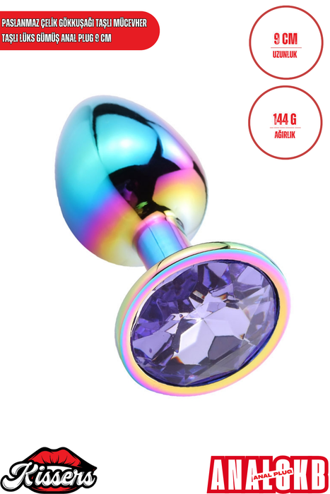 Paslanmaz Çelik Gökkuşağı Kristal Taşlı Lüks Gümüş Anal Plug ve Tıkaç 9.5 cm Suya Dayanıklı Metal Tasarım