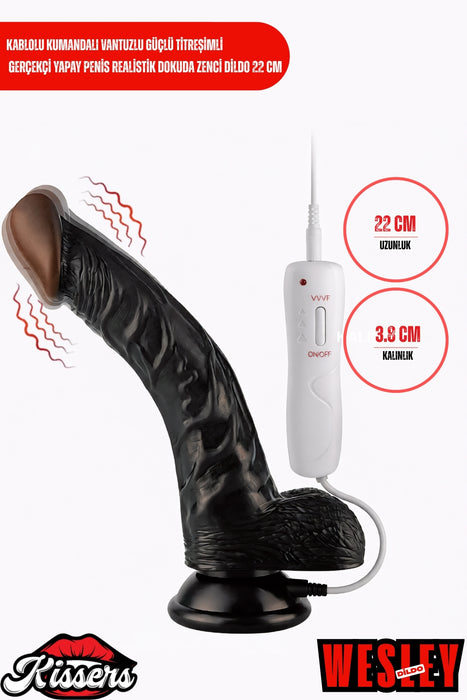 Kablolu Kumandalı Vantuzlu Güçlü Titreşimli Gerçekçi Yapay Penis Realistik Dokuda Zenci Dildo 22 cm