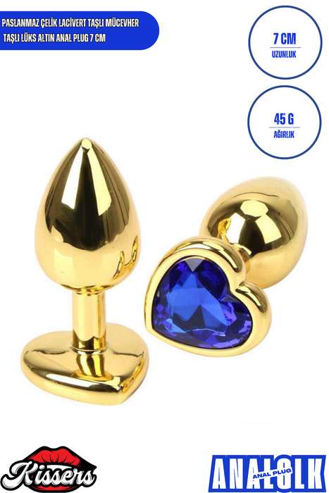 Paslanmaz Çelik Lacivert Kristal Taşlı Lüks Gold Anal Plug ve Tıkaç 7 cm Suya Dayanıklı Metal Tasarım