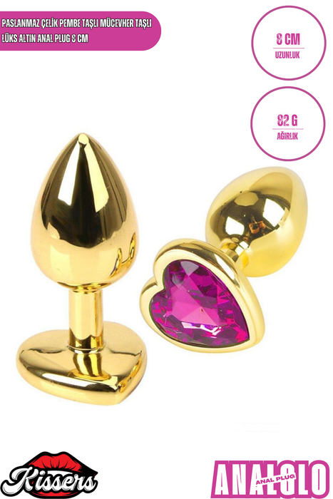 Paslanmaz Çelik Pembe Kristal Taşlı Lüks Gold Anal Plug ve Tıkaç 8 cm Suya Dayanıklı Metal Tasarım