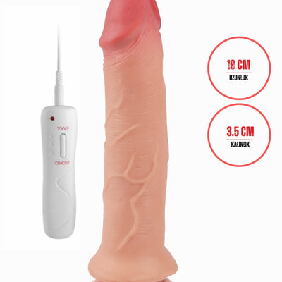 Kablolu Kumandalı Vantuzlu Güçlü Titreşimli Kayar Deri Penis Skin Dildo 19 cm