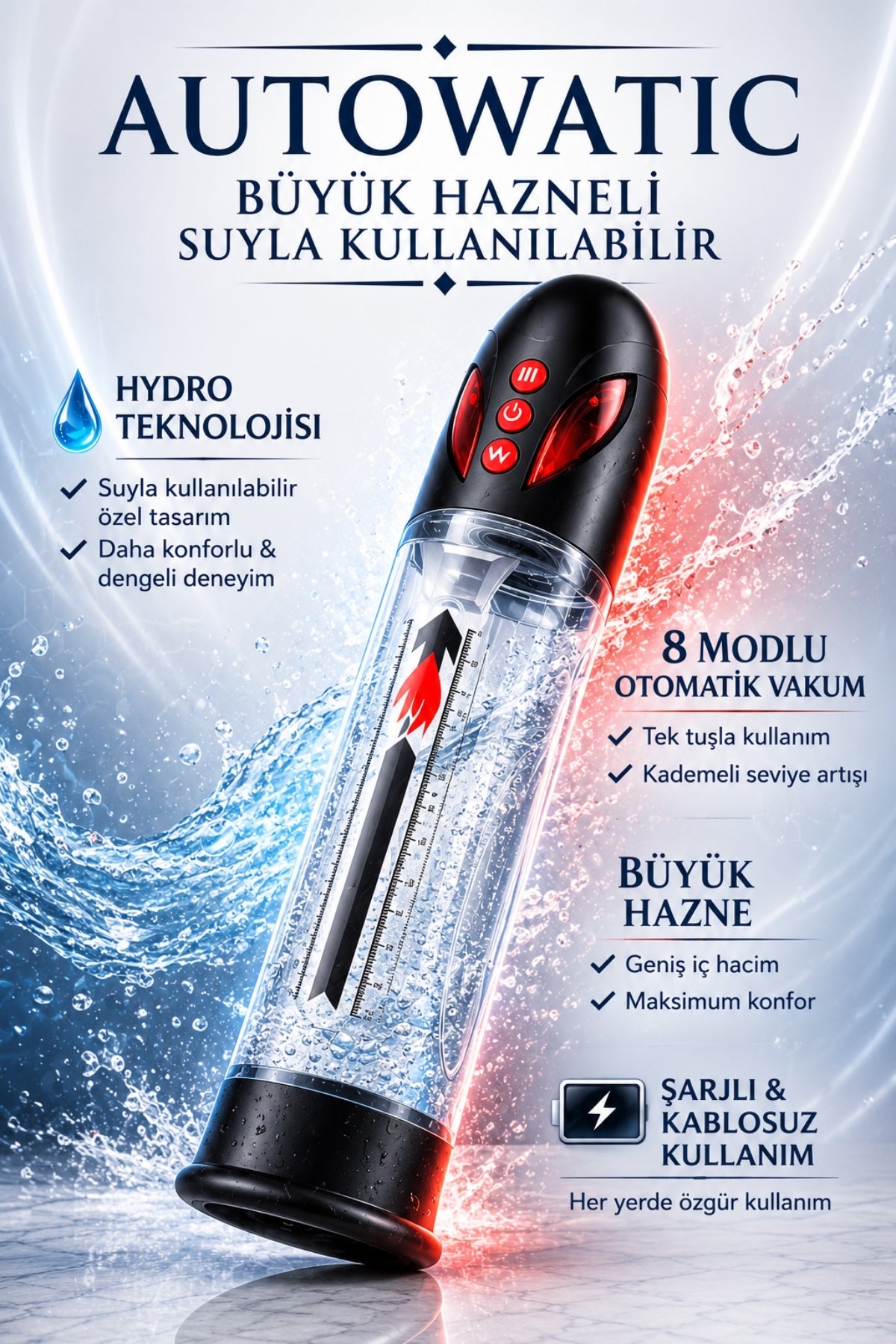 Automatic Büyük Hazneli Suyla Kullanılabilir 8 Modlu Yüksek Performans Şarjlı Otomatik Hydro Pompa