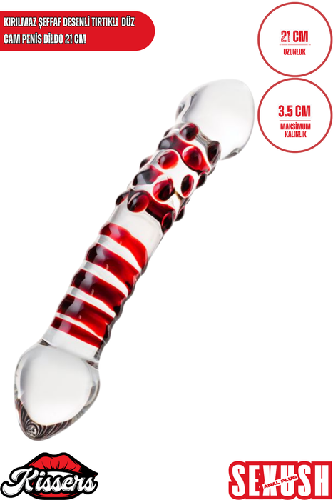 Kırılmaz Şeffaf Desenli Tırtıklı Düz Cam Dildo 21 Cm G Noktası Uyumlu Su Geçirmez Cam Masaj Ürünü
