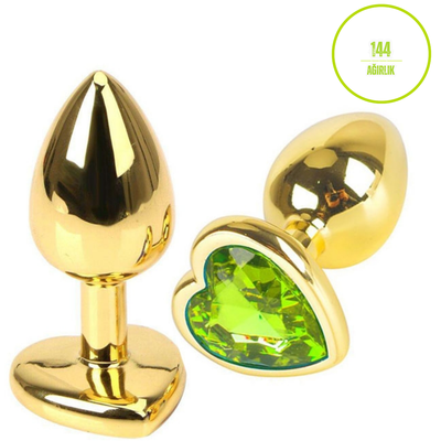 Paslanmaz Çelik Yeşil Kristal Taşlı Lüks Gold Anal Plug ve Tıkaç 9 cm Kadife Saklama Çantalı Suya Dayanıklı Tasarım
