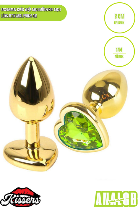 Paslanmaz Çelik Yeşil Kristal Taşlı Lüks Gold Anal Plug ve Tıkaç 9 cm Kadife Saklama Çantalı Suya Dayanıklı Tasarım