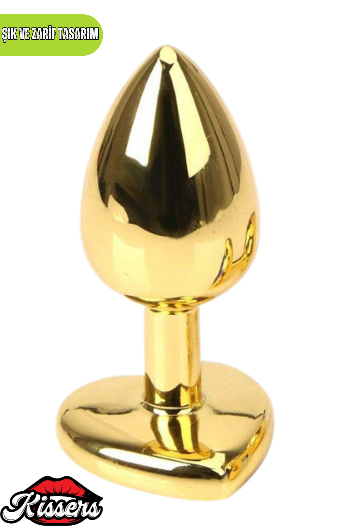 Paslanmaz Çelik Yeşil Kristal Taşlı Lüks Gold Anal Plug ve Tıkaç 9 cm Kadife Saklama Çantalı Suya Dayanıklı Tasarım