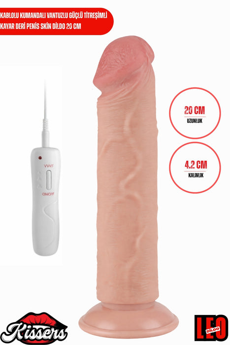Kablolu Kumandalı Vantuzlu Güçlü Titreşimli Kayar Deri Penis Skin Dildo 20 cm