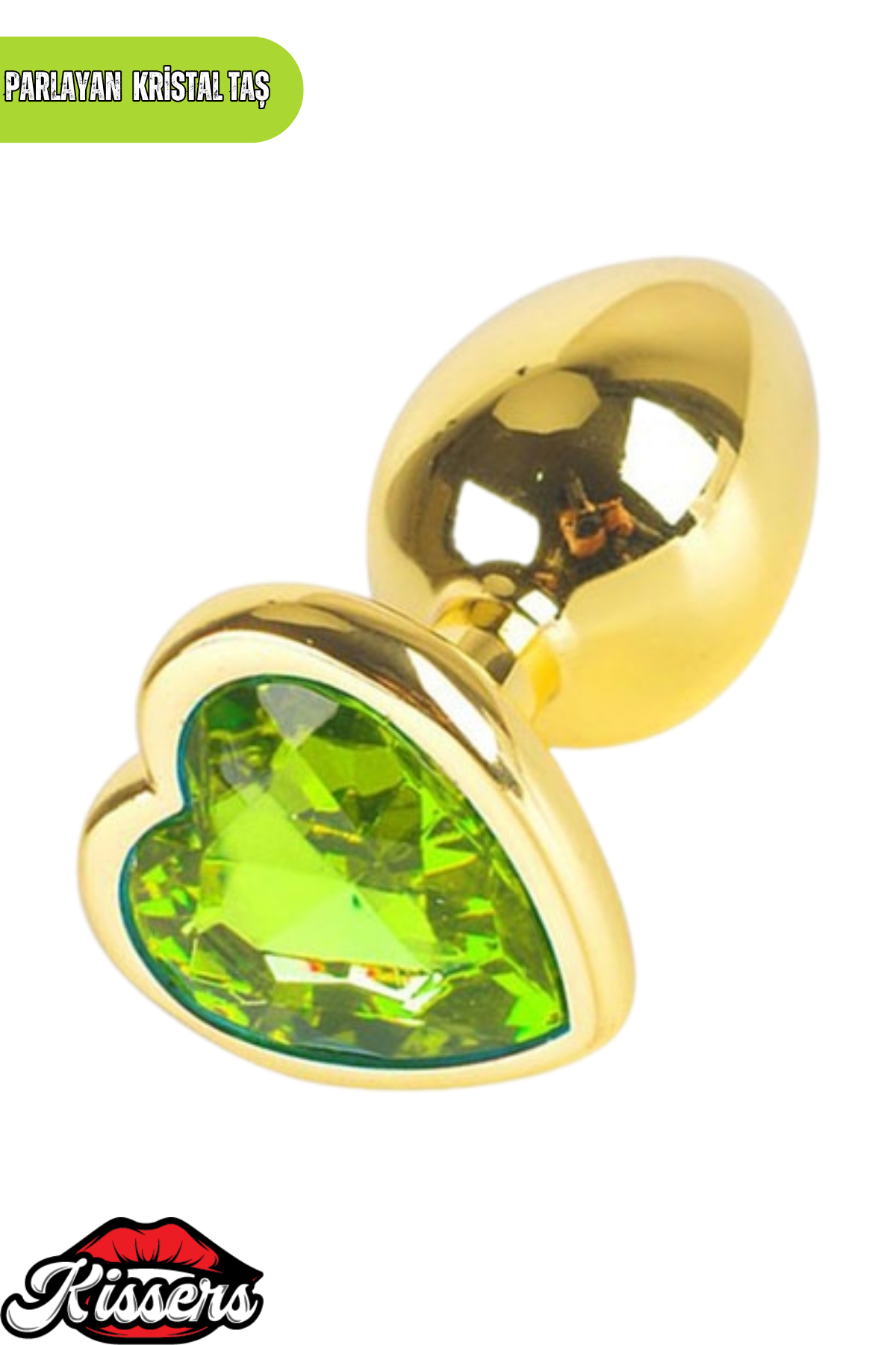 Paslanmaz Çelik Yeşil Kristal Taşlı Lüks Gold Anal Plug ve Tıkaç 9 cm Kadife Saklama Çantalı Suya Dayanıklı Tasarım