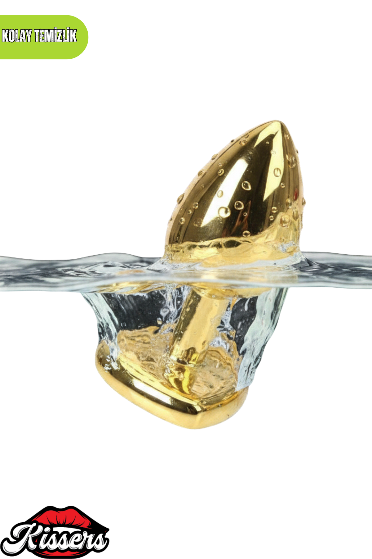 Paslanmaz Çelik Yeşil Kristal Taşlı Lüks Gold Anal Plug ve Tıkaç 9 cm Kadife Saklama Çantalı Suya Dayanıklı Tasarım