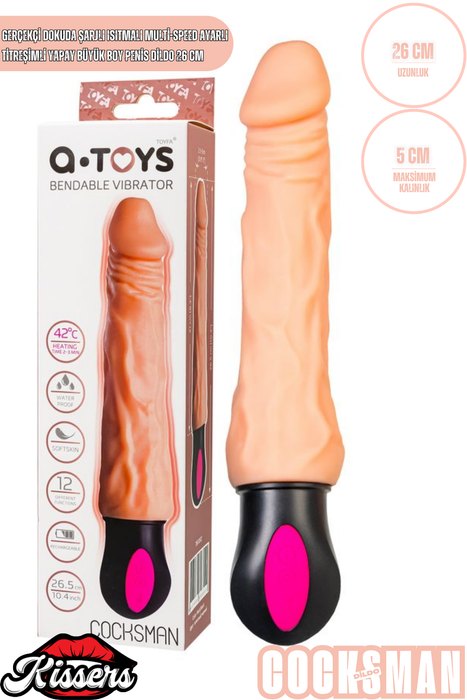 Gerçekçi Dokulu Isıtmalı Şarjlı Titreşimli Yapay Penis Dildo 26 Cm TPE Multi Speed Büyük Boy Vibratör