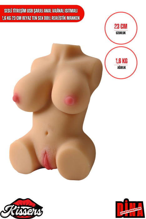 Sesli Titreşim Usb Şarjlı Anal Vajinal Isıtmalı 1.6 Kg 23 cm Beyaz Ten Sex Doll Realistik Manken