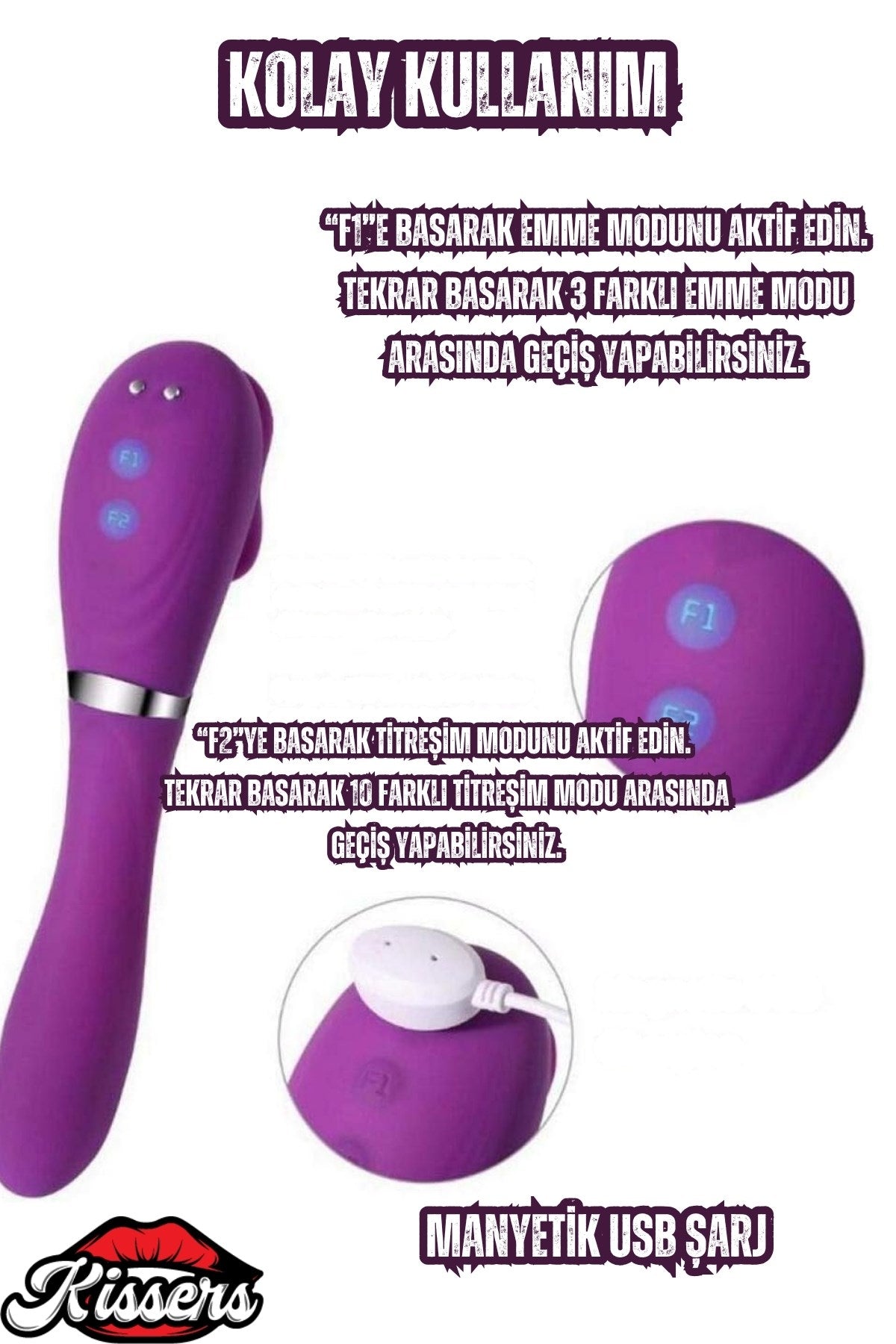 Mor Isıtmalı Çift Titreşimli Emiş ve Dil Anal Ve Klitoris Uyarıcılı Çift Taraflı Vibratör