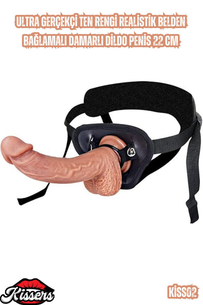 Ultra Gerçekçi Ten Rengi Realistik Belden Bağlamalı Damarlı Dildo Penis 22 Cm