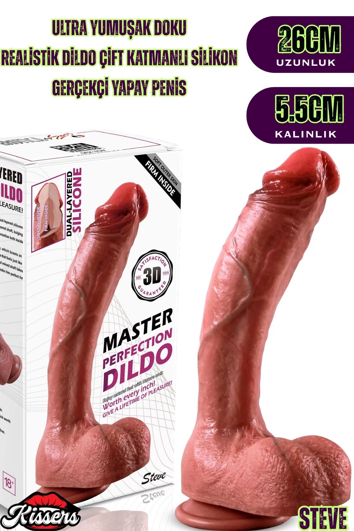Ultra Yumuşak Damarlı Çift Katmanlı Silikon Gerçekçi Testisli Dildo Mega Boy Penis 22 Cm Steve