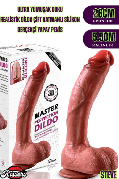 Ultra Yumuşak Damarlı Çift Katmanlı Silikon Gerçekçi Testisli Dildo Mega Boy Penis 22 Cm Steve
