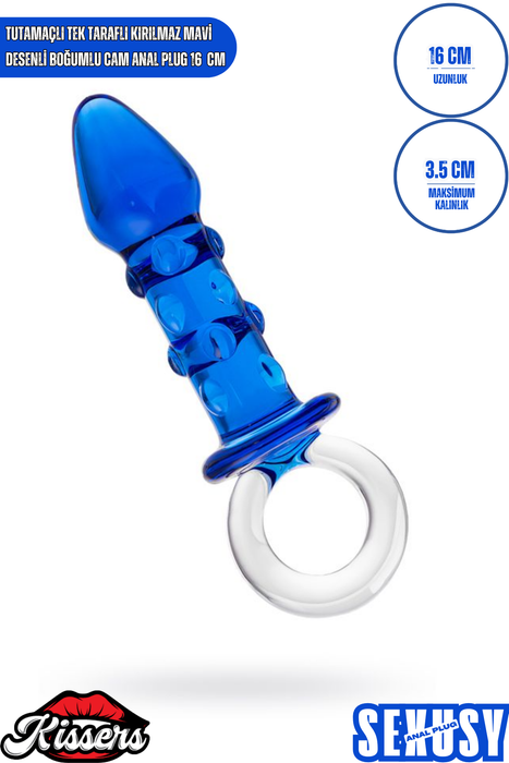 Desenli Kırılmaz Cam Anal Plug 16 cm Mavi Boğumlu Tutamaçlı