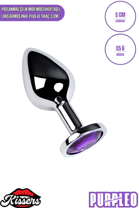 Paslanmaz Çelik Mor Kristal Taşlı Lüks Gümüş Anal Plug ve Tıkaç 8 cm Su Geçirmez (Kopya)