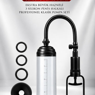 Max Level Classic Penis Pump Ekstra Büyük Hazneli 3 Silikon Penis Halkalı Profesyonel Pompa Seti