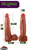 Gerçekçi Damarlı Çift Katmanlı Silikon Gerçekçi Testisli Melez Kalın Mega Boy Dildo Penis 32 Cm Paul