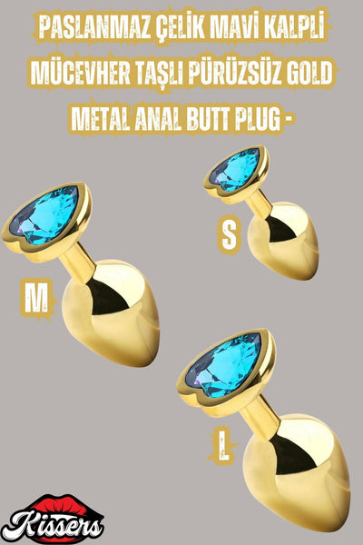Paslanmaz Çelik Mavi Kalpli Mücevher Taşlı Pürüzsüz Gold Metal Anal Butt Plug Set 3'Lü