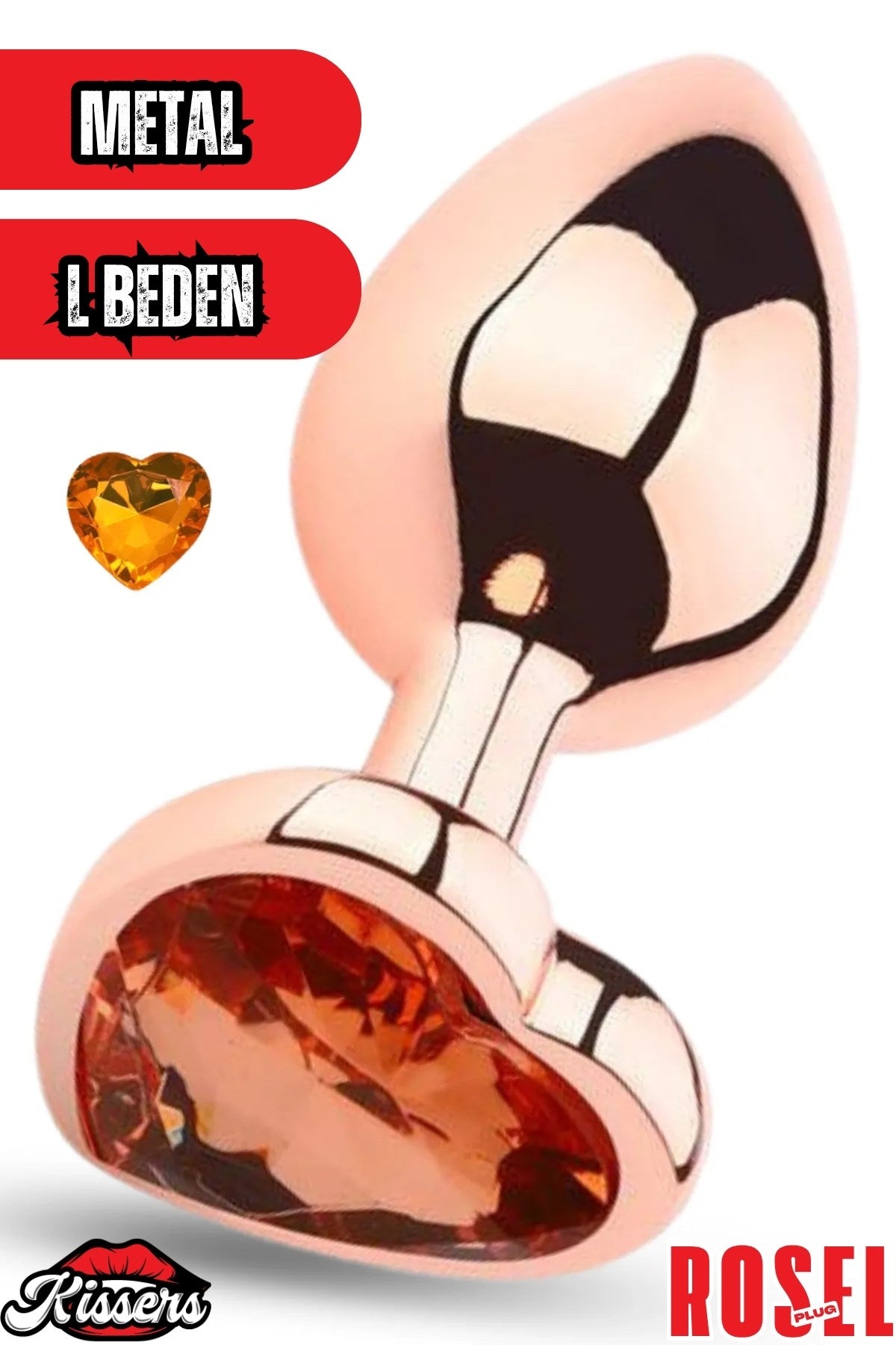 Paslanmaz Çelik  Rose Kalpli Turuncu Mücevher Çıkarılabilir Taşlı 9 Cm Lüks Anal Plug  Ve Tıkaç