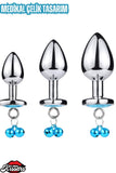 Paslanmaz Çelik  Mavi Kalp Taşlı Şeklinde Mücevher Lüks Zilli  Büyük Boy Anal Plug 9 Cm