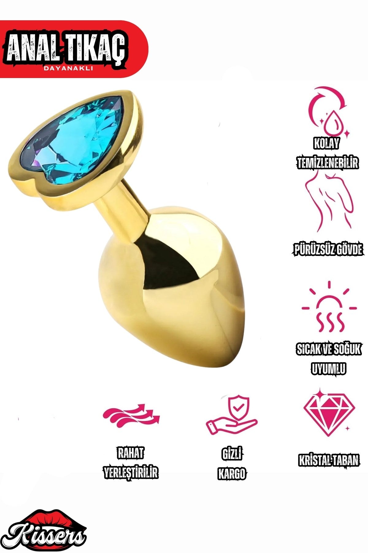 Paslanmaz Çelik  Gold Kalpli Mücevher Çıkarılabilir Taşlı 8 Cm Lüks Anal Plug  Ve Tıkaç