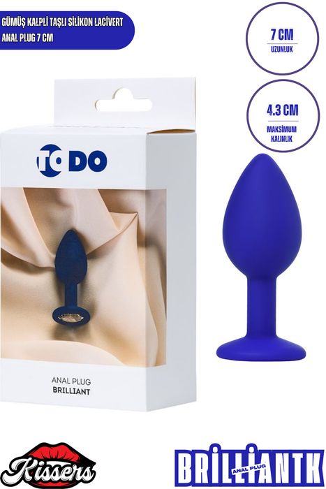 Brilliant Gümüş Kalpli Taşlı Silikon Anal Plug 7 cm Lacivert Mavi Medikal Silikon