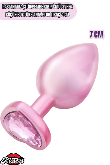 Paslanmaz Çelik Küçük Boy Pembe Gümüş Kalpli Mücevher Lüks Anal Plug Tıkaç 7 Cm