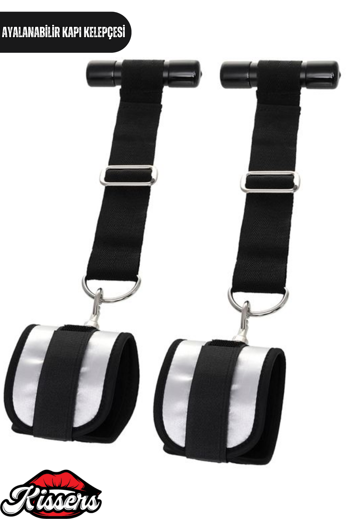 BDSM Esaret Kelepçesi Ayarlanabilir Siyah Askılı Gümüş Polyester Kapı Aparatlı Bilek Bağı