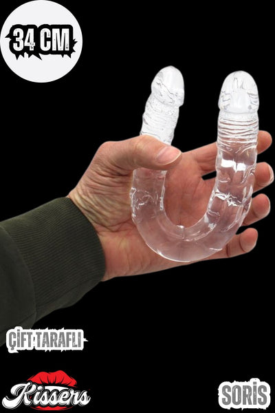 Çift Başlı Lezbiyen Anal Vajinal Gerçekçi Jel Doku Çift Taraflı Realistik Unisex Şeffaf Dildo 34 Cm