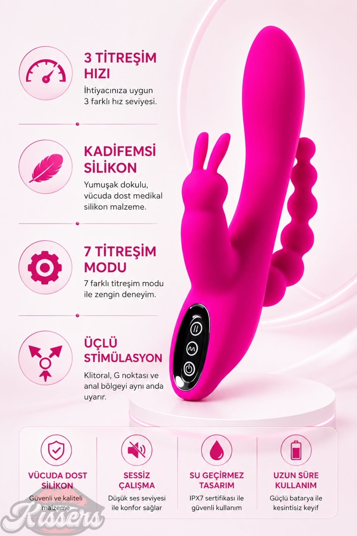 Jos Spanky Güçlü G Noktası ve Klitoris ve Anal Uyarıcılı Tavşan Boğumlu Vibratör