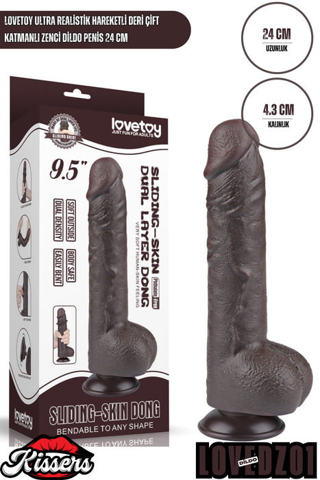 Lovetoy Ultra Realistik Hareketli Deri Çift Katmanlı Zenci Dildo Penis 24 cm