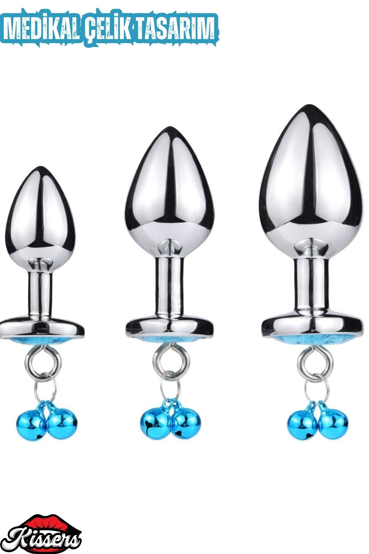 Paslanmaz Çelik  Mavi Kalp Taşlı Şeklinde Mücevher Lüks Zilli  Orta Boy Anal Plug 8 Cm