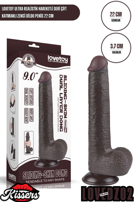 Lovetoy Ultra Realistik Hareketli Deri Çift Katmanlı Zenci Dildo Penis 22 cm