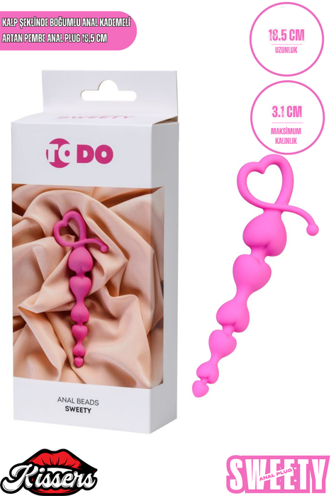 Sweety Kalp Şekilli Silikon Anal Plug 18,5 cm Pembe Boğumlu Kademeli Tasarım