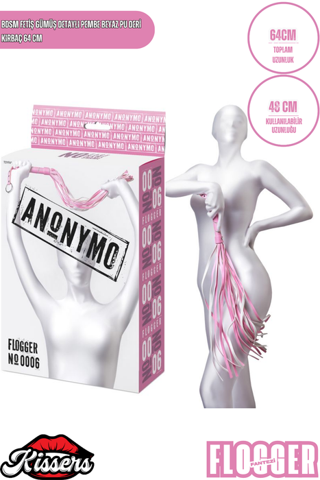 BDSM Fetiş Pembe PU Deri Kırbaç 64 Cm Gümüş Detaylı Kristal Taşlı Yetişkin Aksesuar
