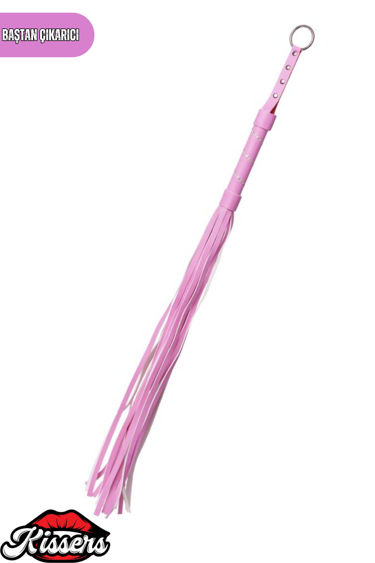 BDSM Fetiş Pembe PU Deri Kırbaç 64 Cm Gümüş Detaylı Kristal Taşlı Yetişkin Aksesuar