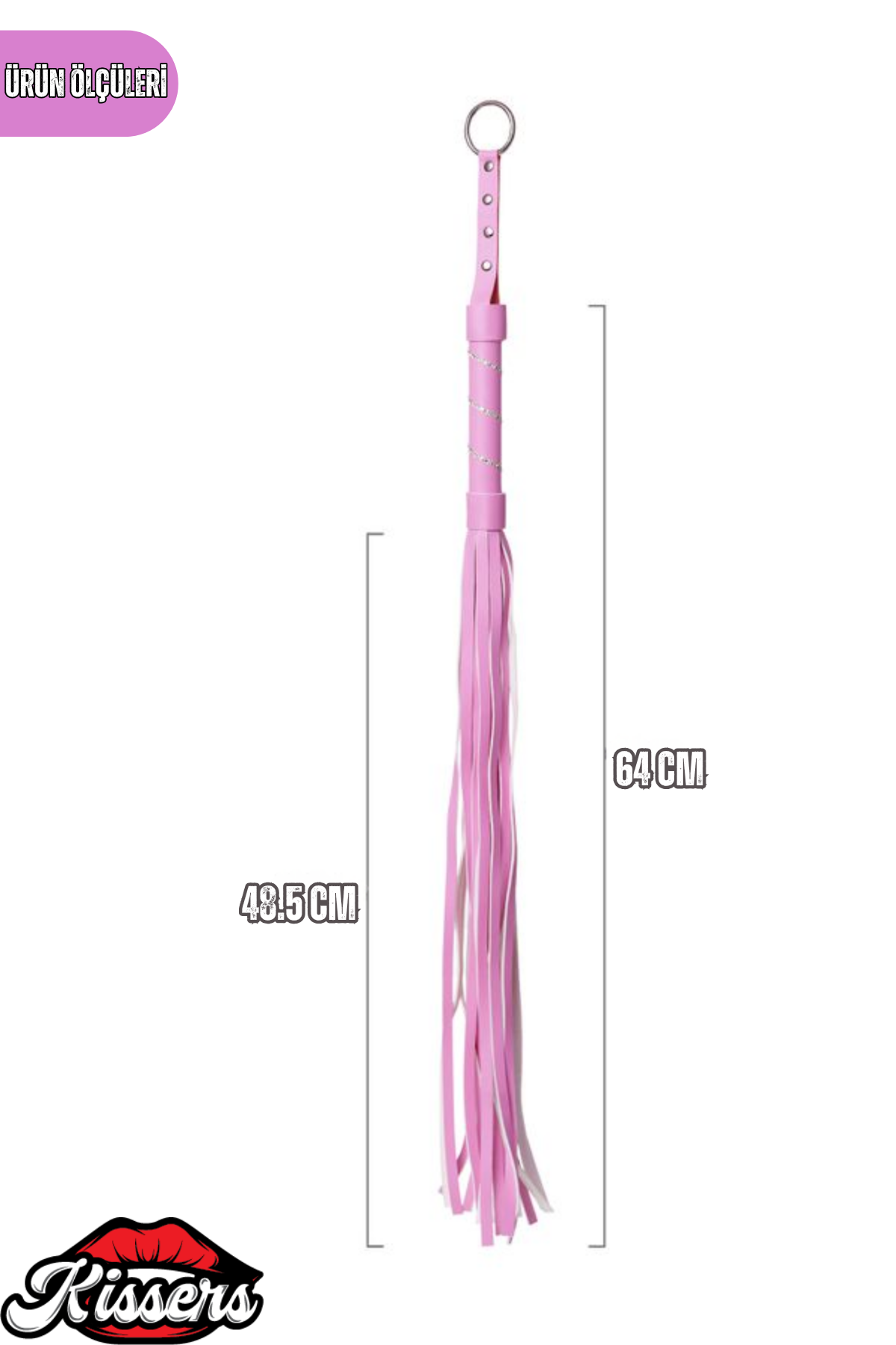 BDSM Fetiş Pembe PU Deri Kırbaç 64 Cm Gümüş Detaylı Kristal Taşlı Yetişkin Aksesuar