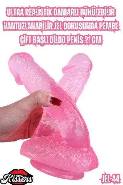 Ultra Realistik Damarlı Bükülebilir Vantuzlanabilir Jel Dokusunda Pembe Çift Başlı Dildo Penis 21 Cm