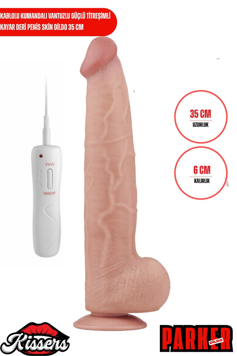 Kablolu Kumandalı Vantuzlu Güçlü Titreşimli Kayar Deri Penis Skin 35 cm