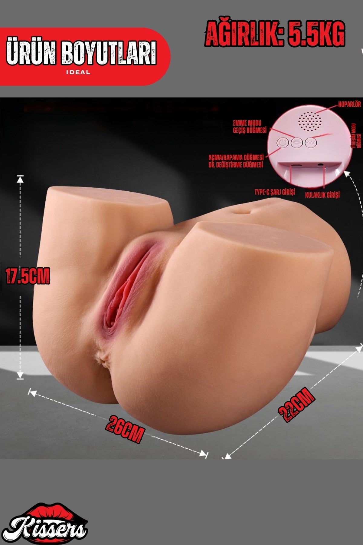 Yeni Nesil Anal Vajinal Emişli Sesli Titreşimli Isıtmalı 5.5 Kg 26 Cm Çift Girişli Realistik Kalça