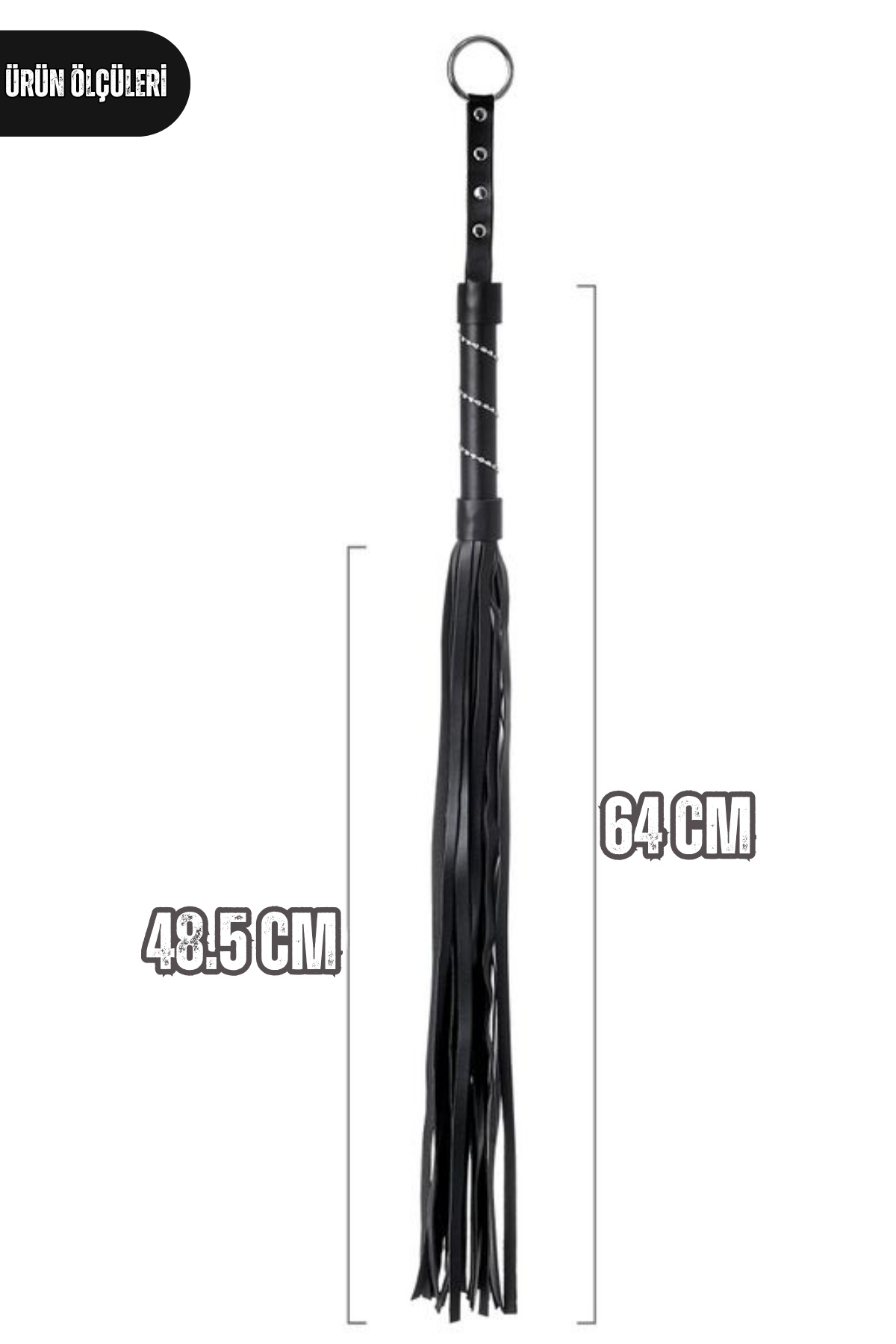 BDSM Fetiş Siyah PU Deri Kırbaç 64 Cm Gümüş Detaylı Kristal Taşlı Yetişkin Aksesuar