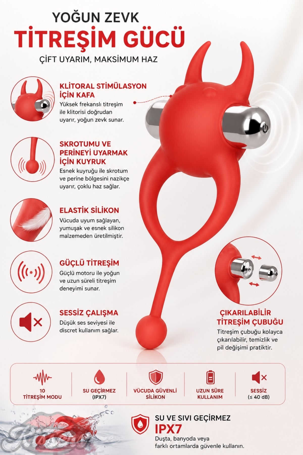 Jos Devil Güçlü Titreşimli Şeklinde Çıkarılabilir Mini Vibratörlü Penis Halkesı