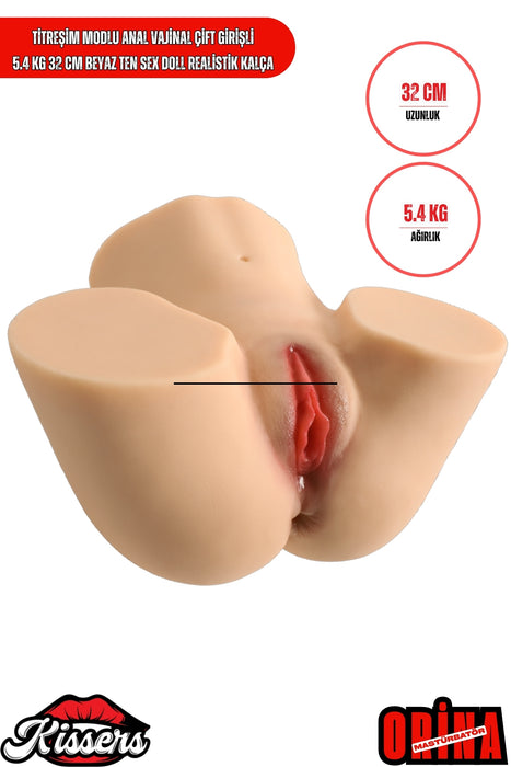 Titreşim Modlu Anal Vajinal Çift Girişli 5.4 Kg 32 cm Beyaz Ten Sex Doll Realistik Kalça