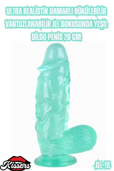 Ultra Realistik Damarlı Bükülebilir Vantuzlanabilir Jel Dokusunda Yeşil Dildo Penis 26 Cm