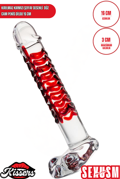 Kırılmaz Kırmızı Şeffaf Desenli Düz Cam Dildo 16 Cm Su Geçirmez Temperli Cam Masaj Ürünü