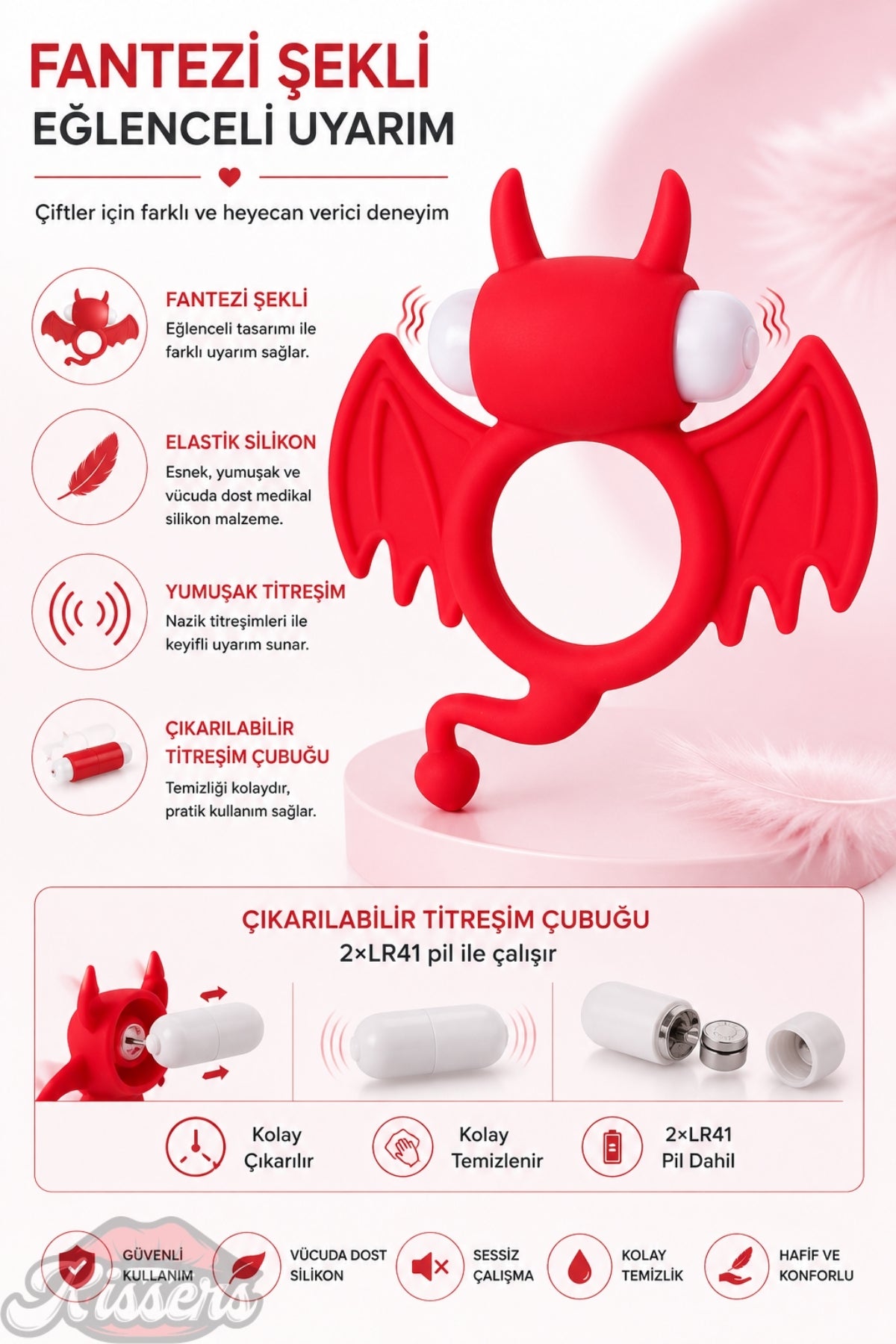 Jos Devil Güçlü Titreşimli Şeklinde Çıkarılabilir Mini Vibratörlü Penis Halkası